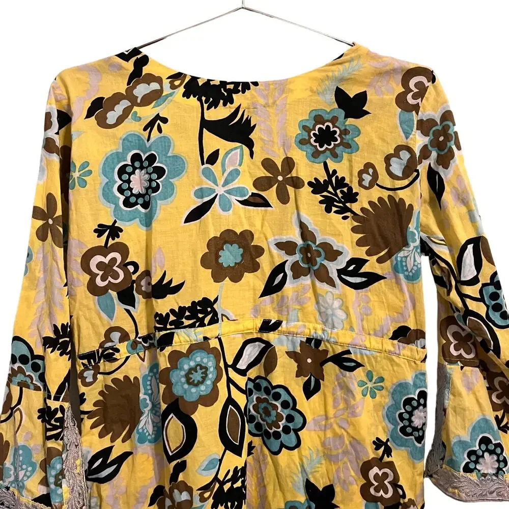 Rungolee Womens Yellow & Blue Floral 3/4 Sleeve Beach Cover Up S
